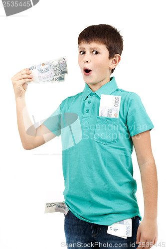 Image of amazed boy looks at the bill