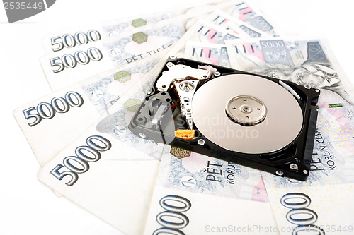 Image of The open hard disk, with czech money banknotes