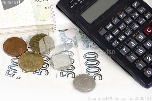 Image of Czech money banknotes, coins and calculator