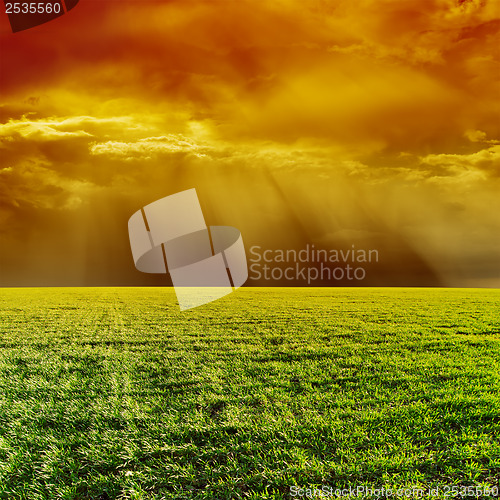 Image of orange dramatic sky over green field