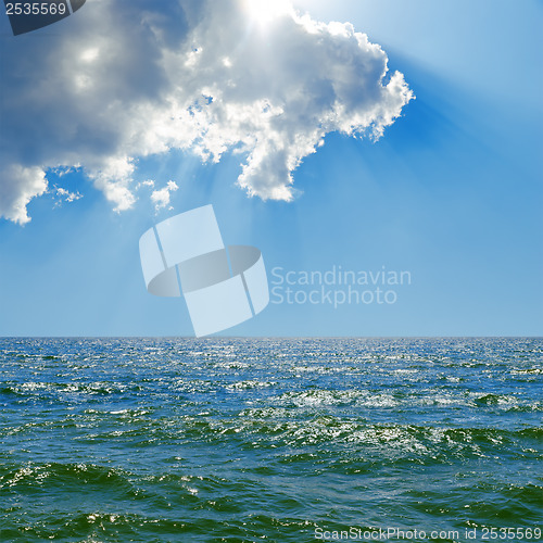 Image of cloud in blue sky over sea