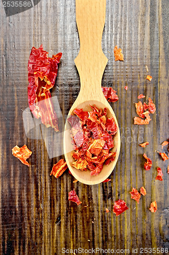 Image of Pepper red hot chili in a spoon on the board on top