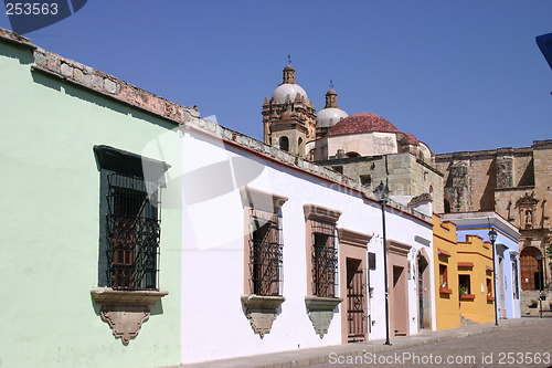 Image of Colonial street with church, Oaxaca, Mexico