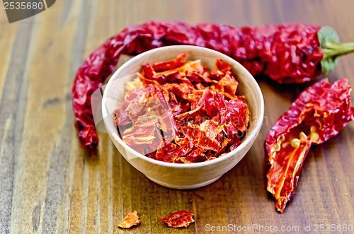 Image of Pepper red hot chili in a wooden bowl on a board