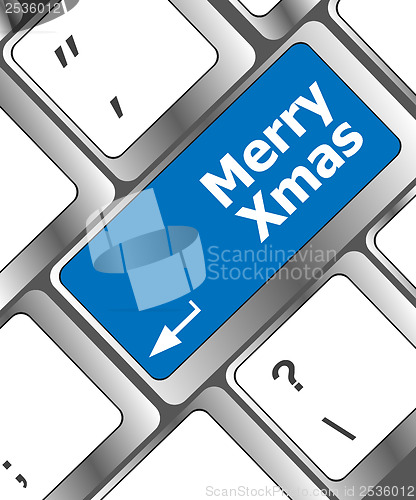 Image of merry christmas message, keyboard enter key button xmas