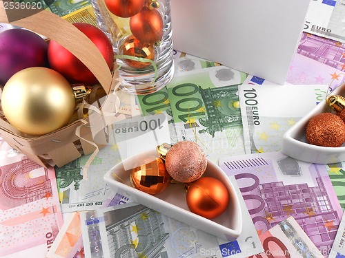 Image of new year celebration event, money wallpaper, christmas balls and blank paper