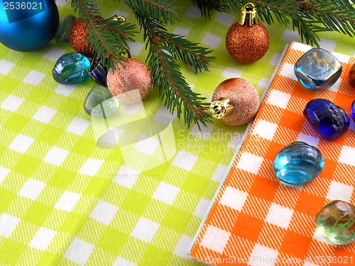 Image of new year balls, christmas tree and stones set, holiday invitation card
