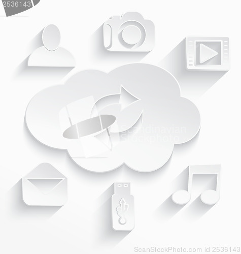 Image of White cloud computing symbols arrows cut