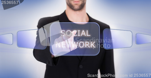 Image of Business hand pushing the social media virtual button