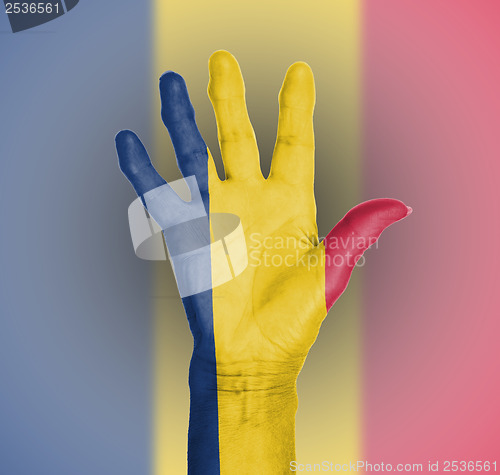 Image of Palm of a woman hand, painted with flag