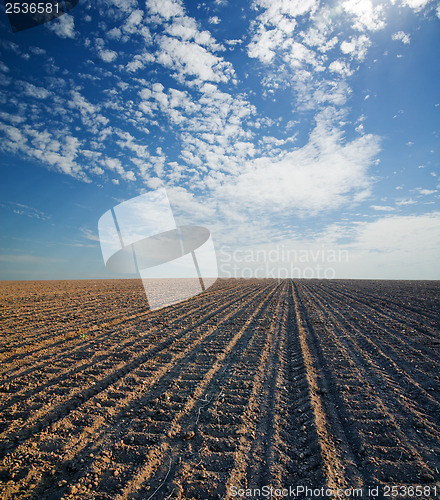 Image of black ploughed field under blue cloudy sky