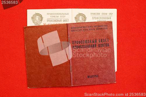 Image of union card of USSR over red