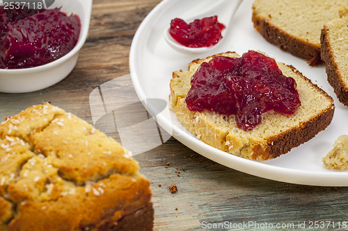 Image of coconut bread with cranberry sauce