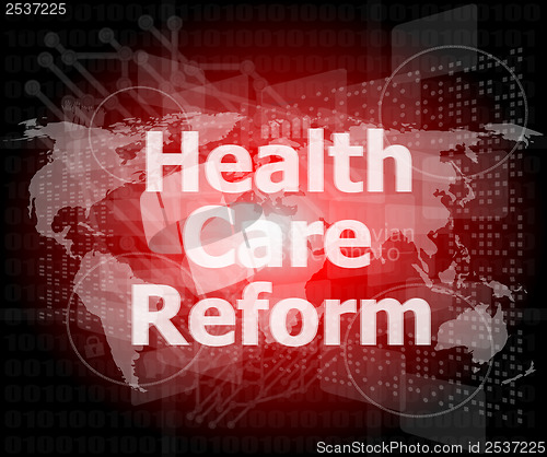 Image of health care reform word on touch screen, modern virtual technology background