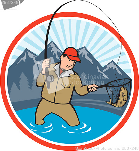 Image of Fly Fisherman Catching Trout Fish Cartoon