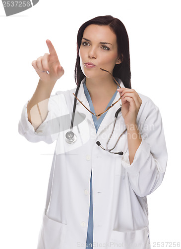 Image of Female Doctor or Nurse Pushing Button or Pointing, Copy Room