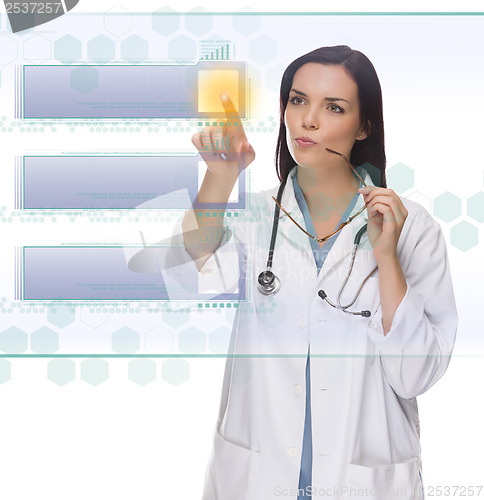 Image of Female Doctor or Nurse Pushing Blank Button on Panel