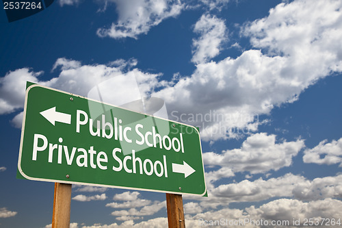 Image of Public or Private School Green Road Sign Over Sky