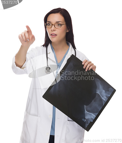 Image of Female Doctor or Nurse Pushing Button or Pointing, Copy Room