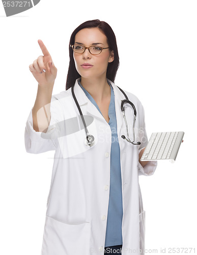 Image of Female Doctor or Nurse Pushing Button or Pointing, Copy Room