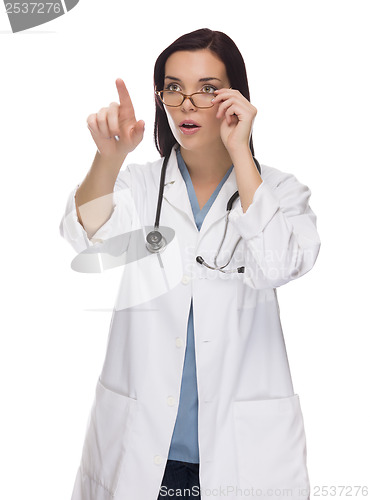 Image of Female Doctor or Nurse Pushing Button or Pointing, Copy Room