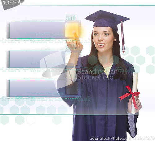 Image of Female Graduate Pushing Blank Button on Panel with Copy Room