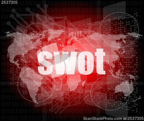 Image of swot word on touch screen, modern virtual technology background