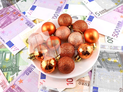 Image of Christmas balls set on white plate, dollar background