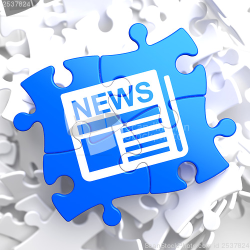Image of Newspaper Icon with News Word on Blue Puzzle.