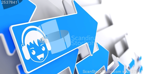 Image of Boy with Headphones Icon on Blue Arrow.