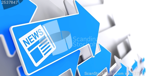 Image of Newspaper Icon with News Title on Blue Arrow.