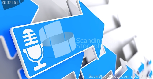 Image of Microphone Icon on Blue Arrow.