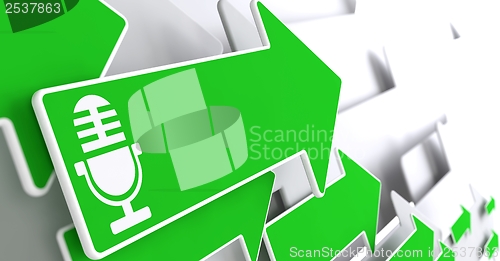 Image of Microphone Icon on Green Arrow.