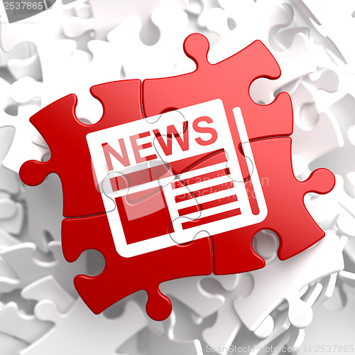 Image of Newspaper Icon with News Word on Red Puzzle.