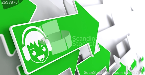 Image of Boy with Headphones Icon on Green Arrow.