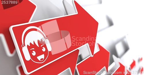 Image of Boy with Headphones Icon on Red Arrow.