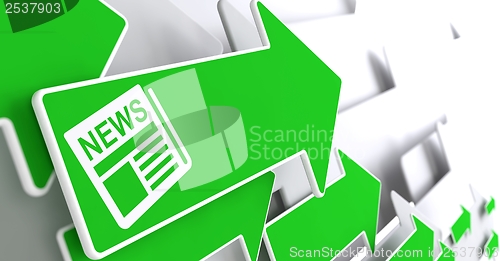 Image of Newspaper Icon with News Title on Green Arrow.