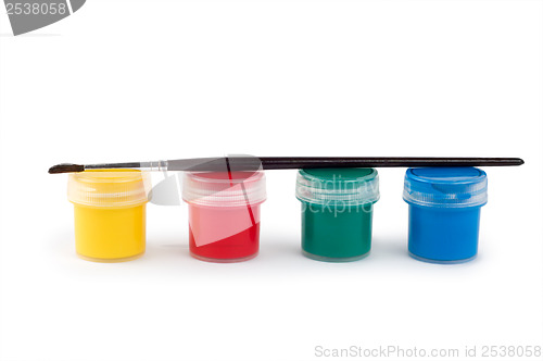 Image of Gouache paint cans and brush