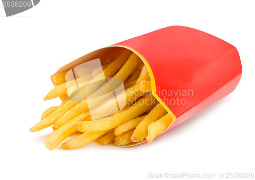 Image of French fries in a red carton box isolated