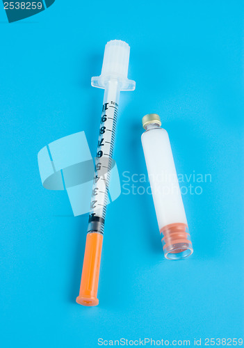 Image of  Insulin and syringe on a blue background