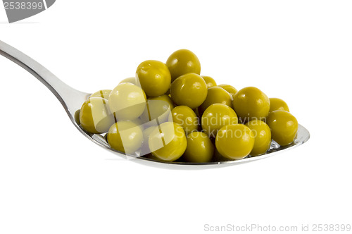 Image of Canned green peas in a spoon