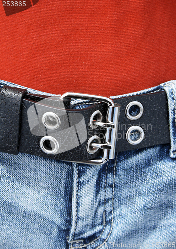 Image of Black leather belt and orange shirt