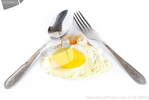 Image of Fried egg with a spoon and fork