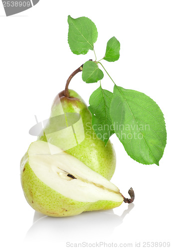 Image of Green pears with green leafs