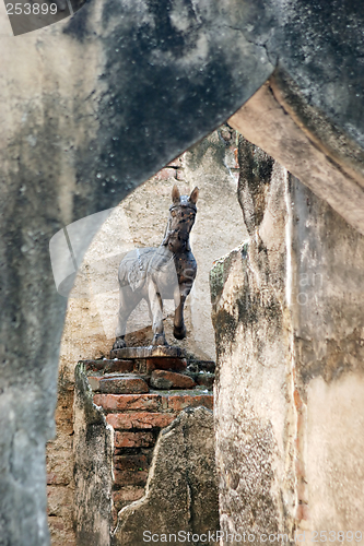 Image of Horse statue amongst old ruins in Lop Buri, Thailand