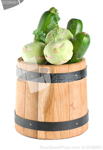 Image of Vegetables in a wooden barrel