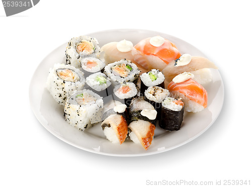 Image of Sushi and rolls in a plate