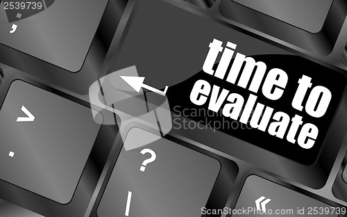 Image of time to evaluate word on computer keyboard - social network concept