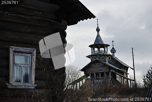 Image of orthodox  wooden church in the village of Manga, Karelia, Russia