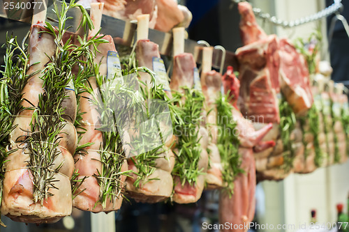 Image of Meat and sausages in a butcher shop